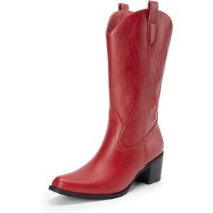 Women's Red-pu Faux Suede Square Toe Cowboy Mid Calf Western Boots 15 Inches